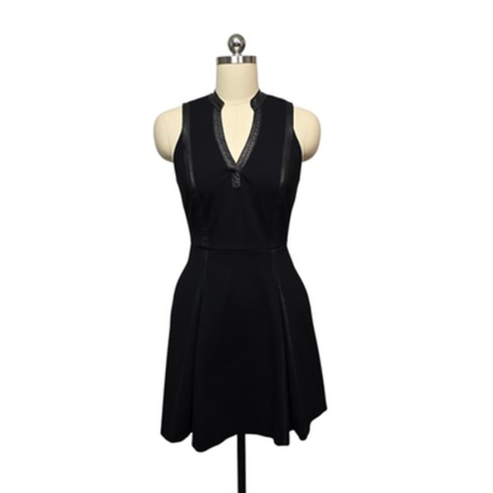 Rebecca Taylor Dress Womens 2‎ Black Fit & Flare Leather Trim V Neck Sleeveless